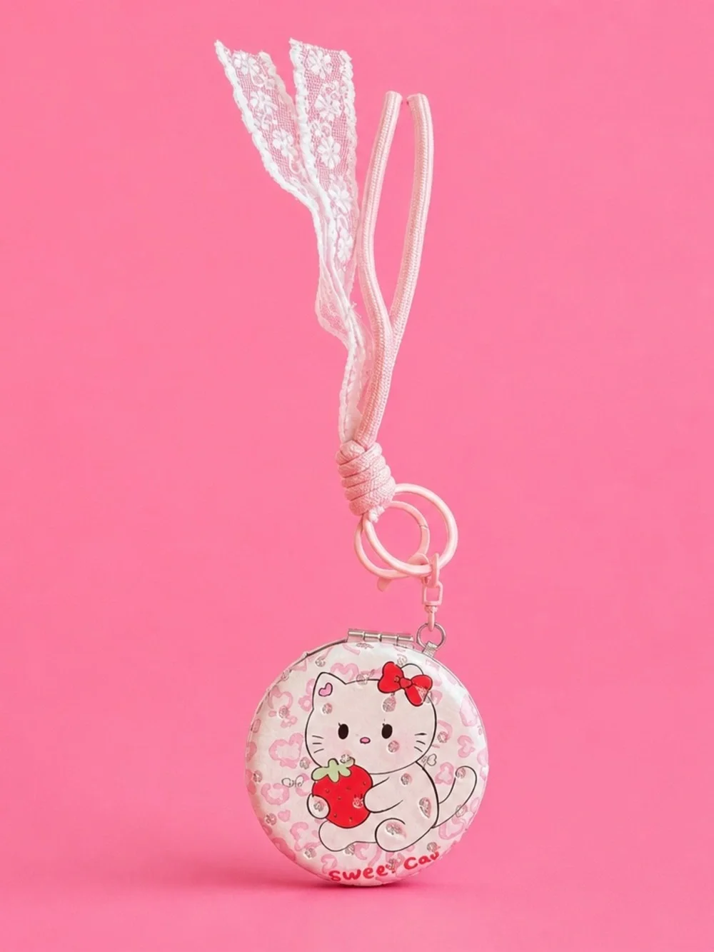 NWOT Sanrio Style Strawberry Kitty Pocket Mirror Keychain Lace & Rhinestone